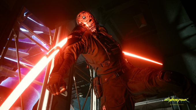 Cyberpunk 2077 official press screenshot with an Arasaka tactical operator in a red-lit interior