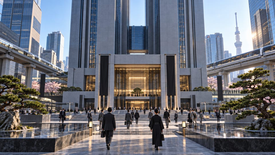 Reconstructed Tokyo headquarters plaza, graphite towers and staff arriving beneath elevated transit