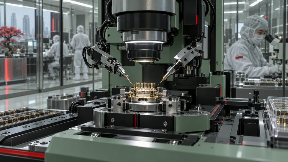 Robotic microassembly and gold contacts under inspection optics in a reconstructed cleanroom