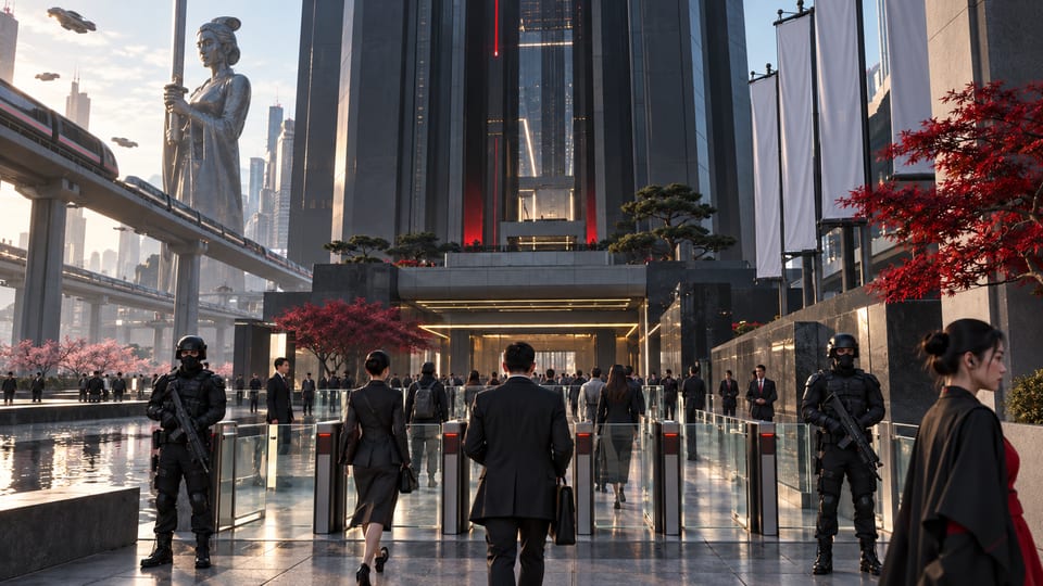 Speculative Night City corporate perimeter with staff, guards and elevated transit