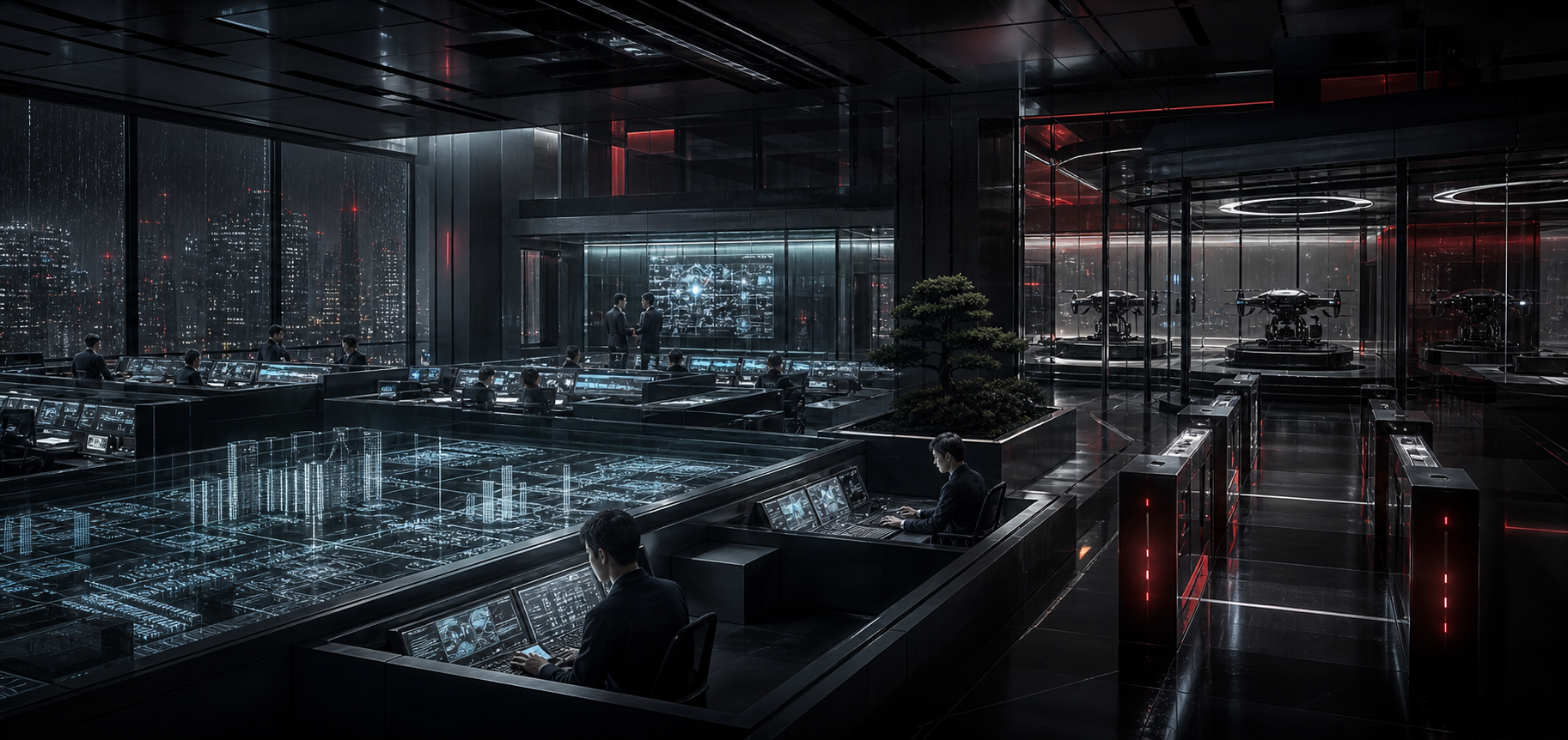 Arasaka security operations center overlooking a neon city at night