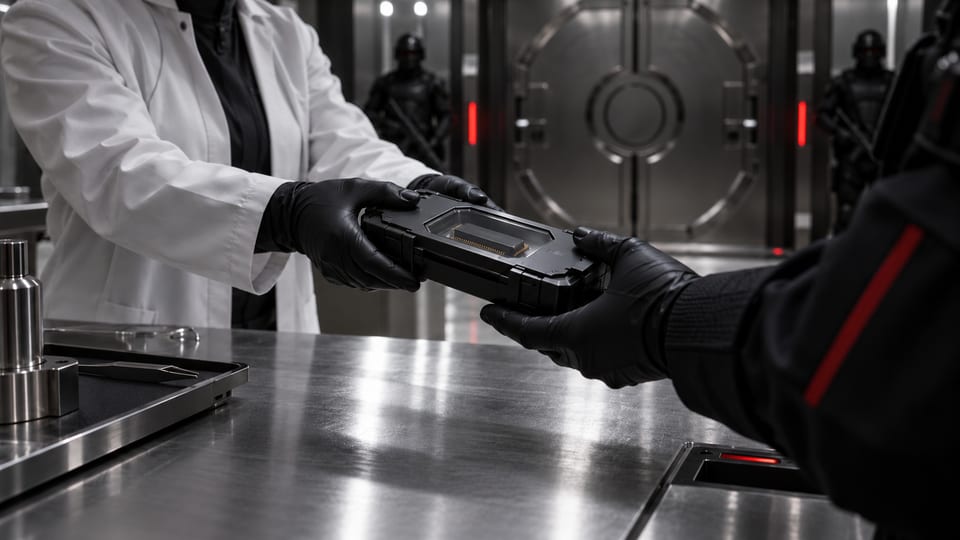 Gloved custodians handing over a sealed neural cartridge case at an inspection counter